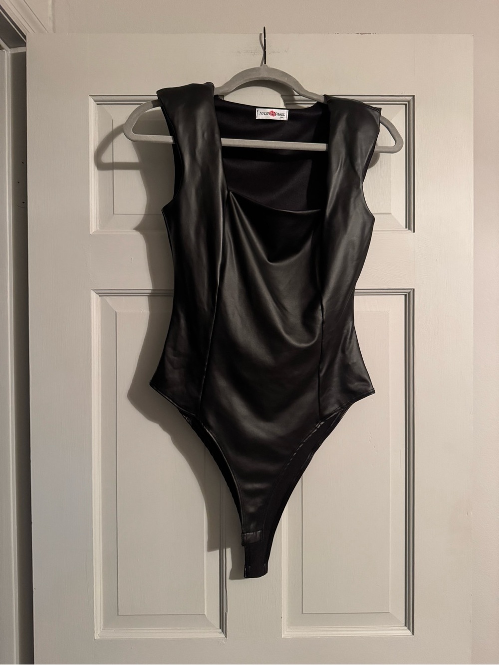 Sleek Black Faux Leather Bodysuit with Sculpted Shoulders